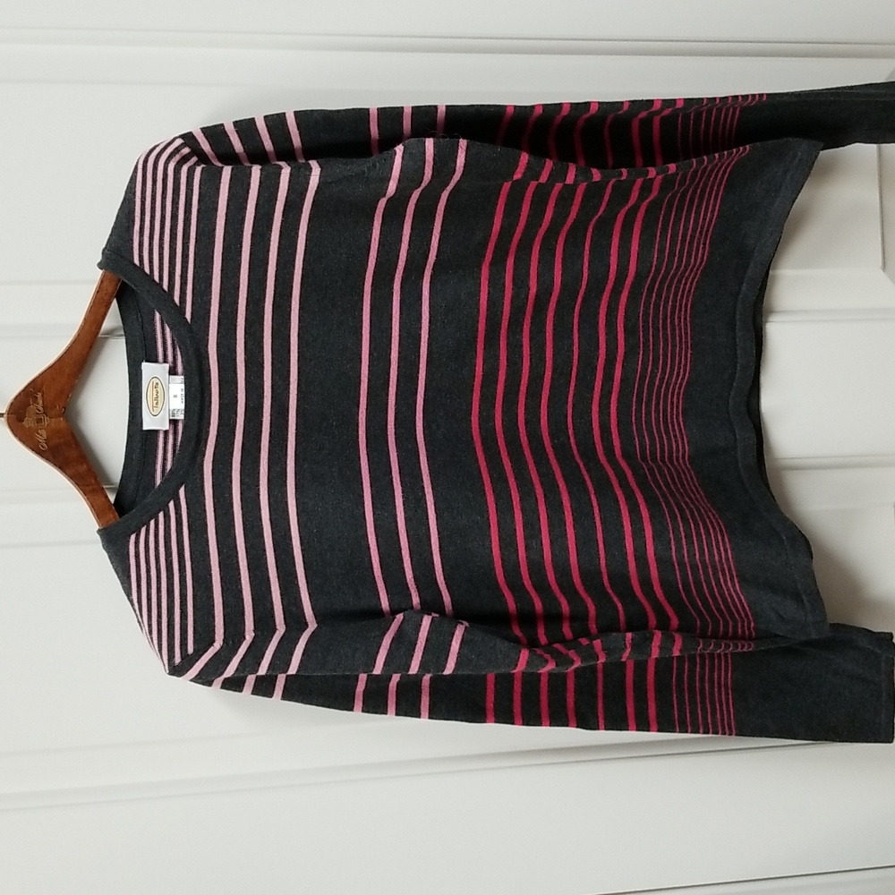 Talbots Black and Pink Striped Crew Neck Sweater